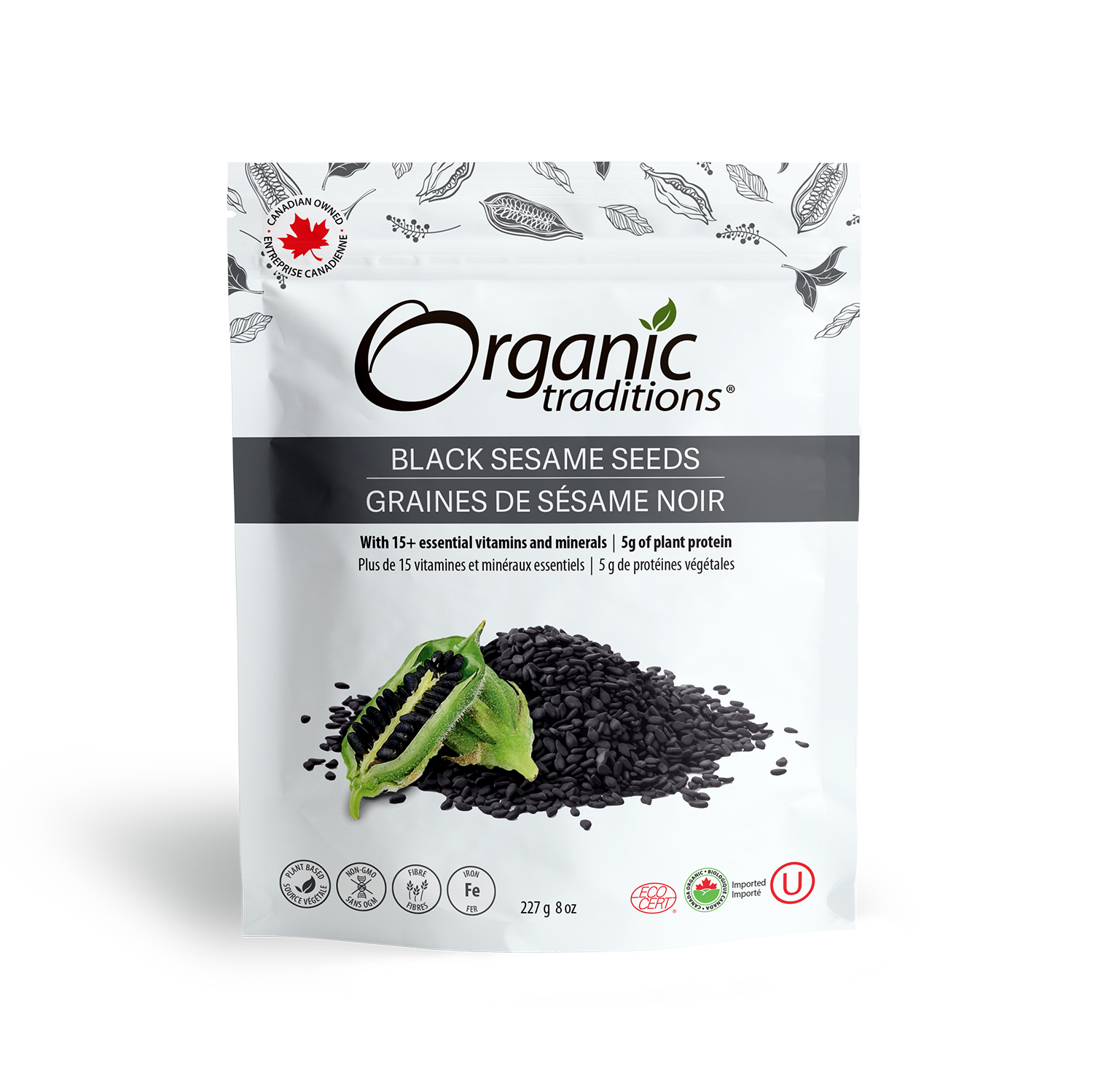 organic traditions black sesame seeds 227g front of bag image