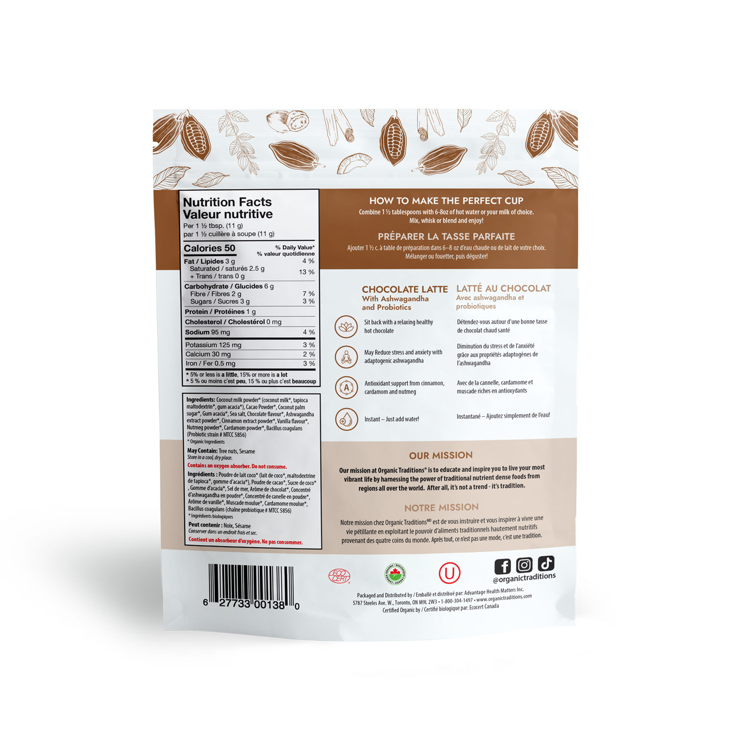 organic taditions chocolate latte with ashwagandha and probiotics back of bag image