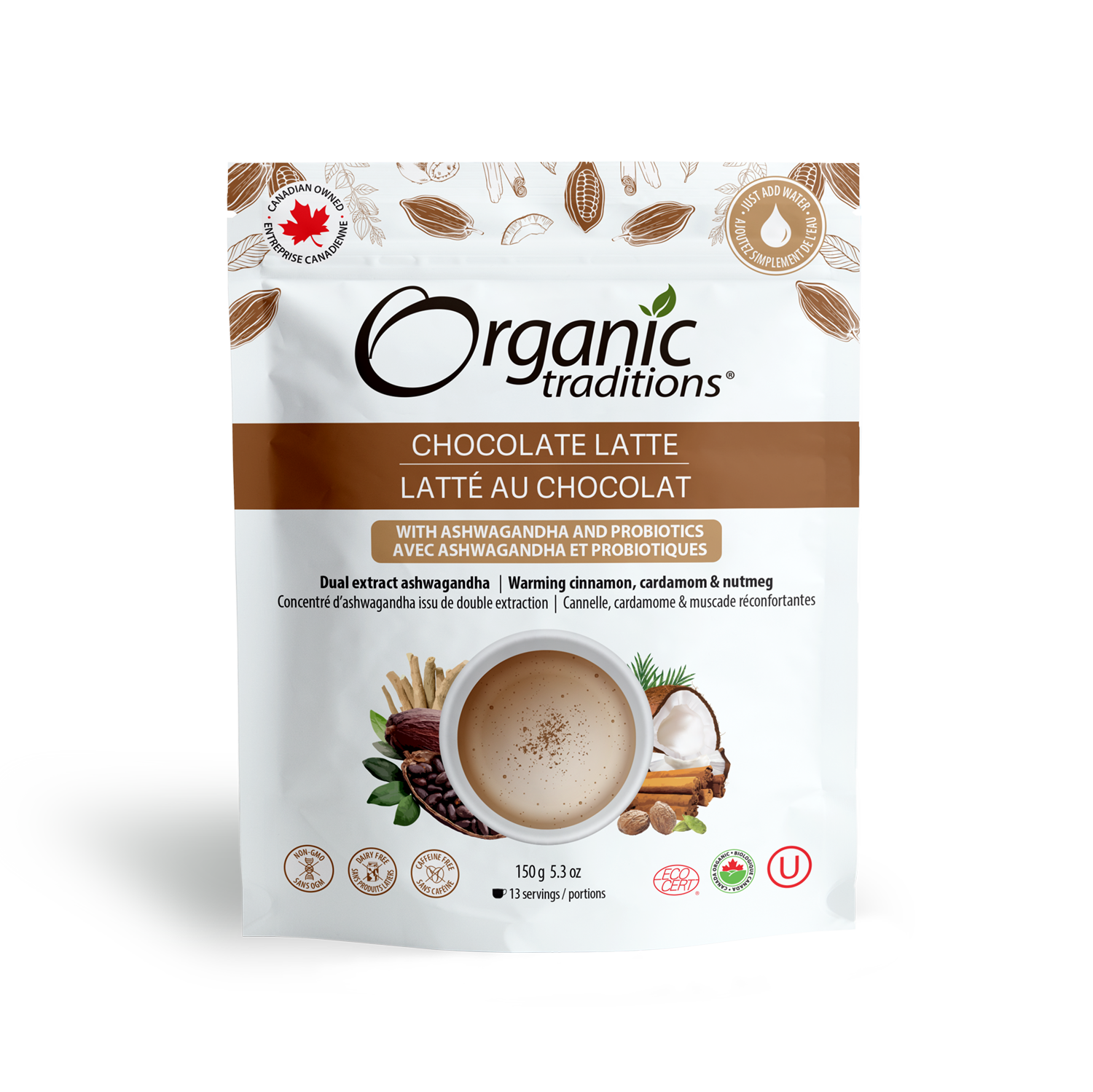 organic taditions chocolate latte with ashwagandha and probiotics front of bag image