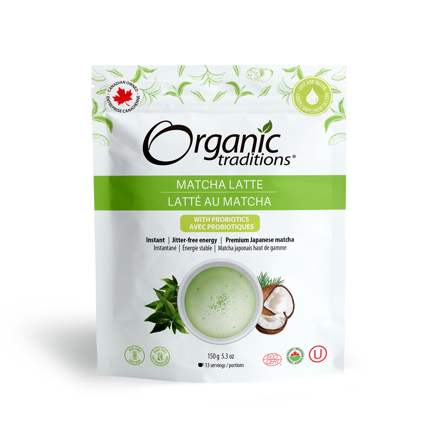 organic traditions matcha latte with probiotics front of bag image