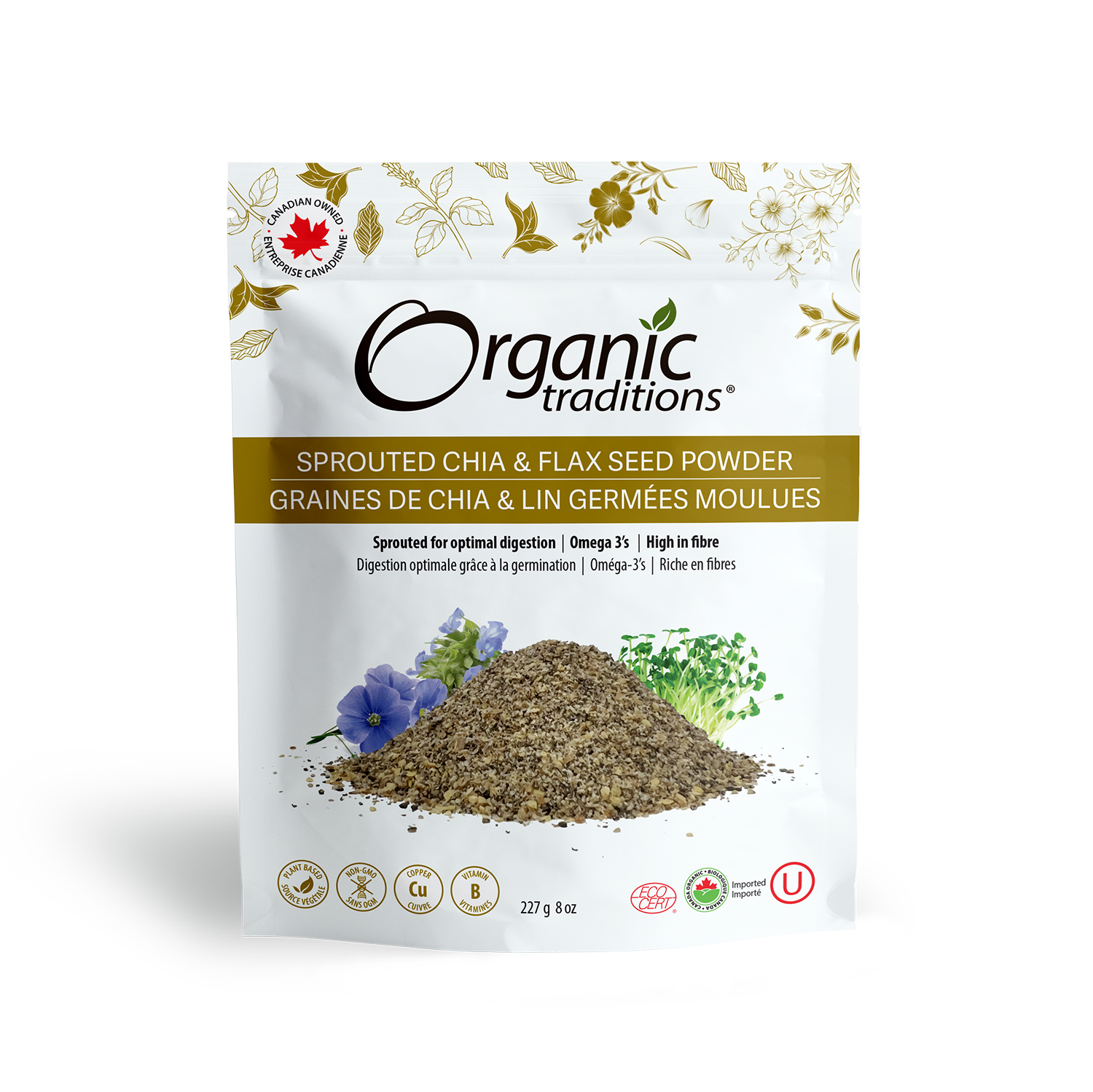 organic traditions sprouted chia flax powder front of bag image