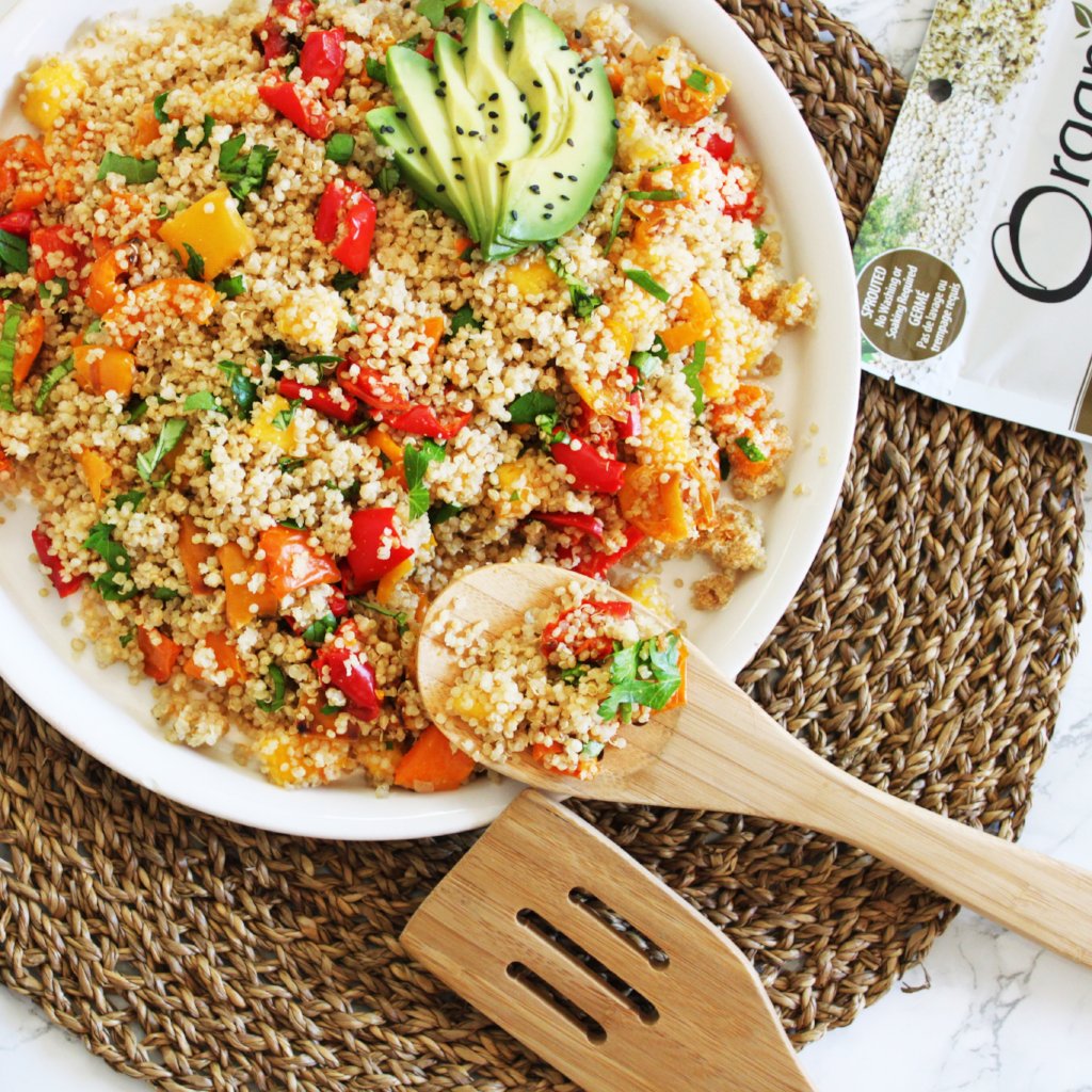 summer salad with sprouted quinoa and avocado