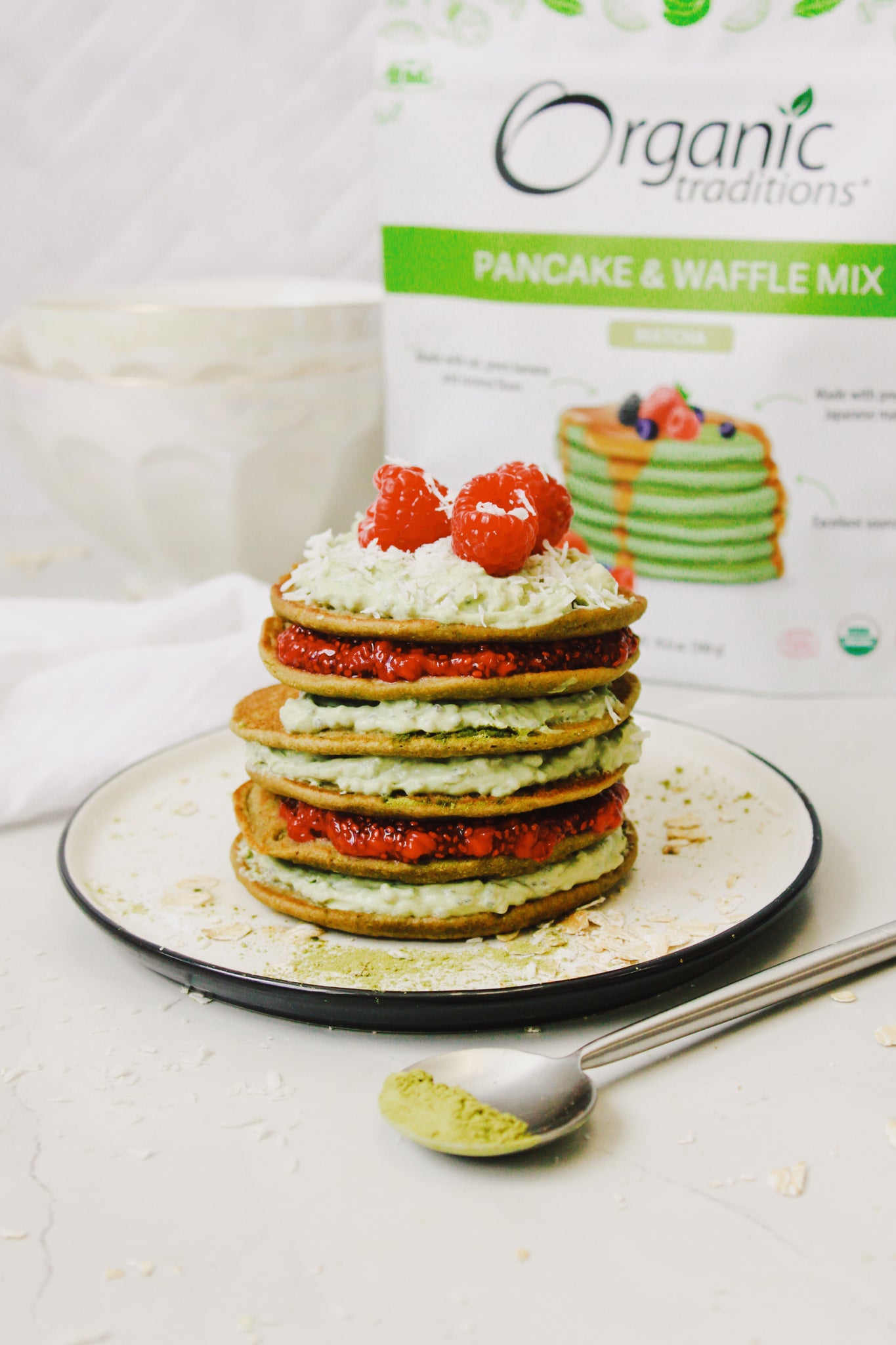 stack of matcha pancakes by organic traditions